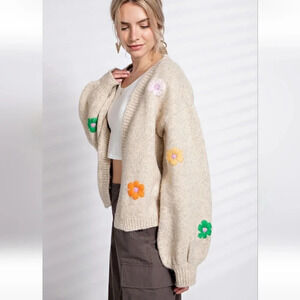 Easel Flower Floral Embroidered Knitted Khaki Cardigan New